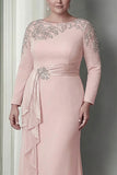Sheath Blush lange mouwen satijn plus maat Mother Of The Bride jurk met ruches