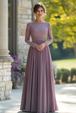 Black Tie Vintage Mauve Column Scoop Chiffon Lange Moeder van de Bruid Jurk met Lace Appliques