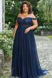 Elegante marine off the shoulder a-lijn chiffon lange moeder van de bruid jurk met kant appliques