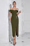 Leger Groene schede Off the Shoulder Tea Length Prom Dress met split