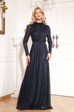 Sparkly Navy A Line Moeder van de Bruid Jurk met Lange Mouwen