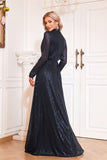 Sparkly Navy A Line Moeder van de Bruid Jurk met Lange Mouwen