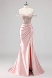 Sprankelende zeemeermin Cold Shoulder kralen lange roze Prom jurk met split