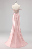 Sprankelende zeemeermin Cold Shoulder kralen lange roze Prom jurk met split