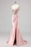 Sprankelende zeemeermin Cold Shoulder kralen lange roze Prom jurk met split