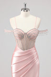 Sprankelende zeemeermin Cold Shoulder kralen lange roze Prom jurk met split