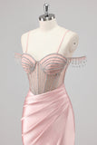 Sprankelende zeemeermin Cold Shoulder kralen lange roze Prom jurk met split