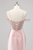 Sprankelende zeemeermin Cold Shoulder kralen lange roze Prom jurk met split