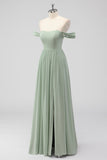 Salie Groene A-lijn Off The Shoulder Chiffon Lange Bruidsmeisje Jurk