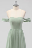 Salie Groene A-lijn Off The Shoulder Chiffon Lange Bruidsmeisje Jurk