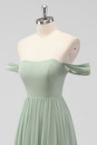 Salie Groene A-lijn Off The Shoulder Chiffon Lange Bruidsmeisje Jurk