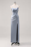 Ruched Grey Blue Spaghetti Straps Schede Bruidsmeisje Jurk met Split