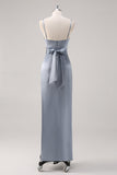 Ruched Grey Blue Spaghetti Straps Schede Bruidsmeisje Jurk met Split