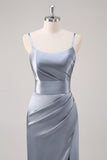 Ruched Grey Blue Spaghetti Straps Schede Bruidsmeisje Jurk met Split