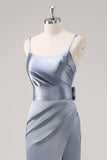 Ruched Grey Blue Spaghetti Straps Schede Bruidsmeisje Jurk met Split