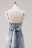 Ruched Grey Blue Spaghetti Straps Schede Bruidsmeisje Jurk met Split