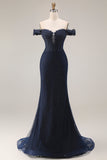 Glinsterende marineblauwe off-the-shoulder zeemeermin-appliqueerde lange galajurk met kralen