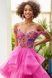 Fuchsia A Line Off the Shoulder Tule formele jurk