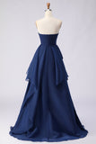 Marineblauw strapless gerimpelde lange galajurk met geplooide lijn met split