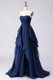 Marineblauw strapless gerimpelde lange galajurk met geplooide lijn met split