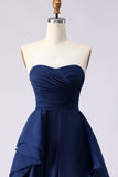 Marineblauw strapless gerimpelde lange galajurk met geplooide lijn met split