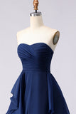 Marineblauw strapless gerimpelde lange galajurk met geplooide lijn met split