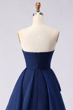 Marineblauw strapless gerimpelde lange galajurk met geplooide lijn met split