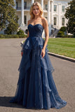 Navy Princess strapless A-lijn lange galajurk met ruches