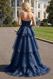 Navy Princess strapless A-lijn lange galajurk met ruches