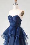 Navy Princess strapless A-lijn lange galajurk met ruches