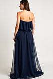 Navy Tule Strapless A-lijn Lange Bruiloft Gast Jurk met Ruches