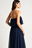 Navy Tule Strapless A-lijn Lange Bruiloft Gast Jurk met Ruches