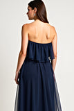 Navy Tule Strapless A-lijn Lange Bruiloft Gast Jurk met Ruches