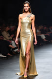 Glitter One Shoulder Sheath Gouden Galajurk met Split