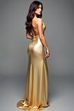 Gouden halter schede Backless lange galajurk met split