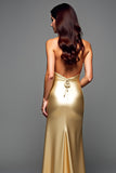 Gouden halter schede Backless lange galajurk met split