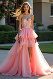 Roze Tule Gelaagde Strapless Kralen Prom Jurk met Split