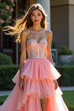 Roze Tule Gelaagde Strapless Kralen Prom Jurk met Split