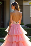 Roze Tule Gelaagde Strapless Kralen Prom Jurk met Split