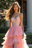 Roze Tule Gelaagde Strapless Kralen Prom Jurk met Split