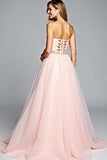 Lichtroze Strapless A Line Tule Prom Jurk met Kralen