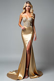 Gouden Strapless Beaded Zeemeermin Prom Jurk met Split