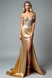 Gouden Strapless Beaded Zeemeermin Prom Jurk met Split