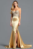 Gouden Strapless Kralen Schede Prom Jurk met Split