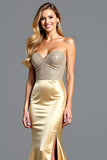 Gouden Strapless Kralen Schede Prom Jurk met Split