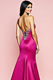 Fuchsia Strapless Zeemeermin Lange Galajurk met Kralen