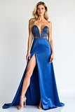 Strapless kralen koningsblauwe schede Prom jurk met split