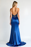 Strapless kralen koningsblauwe schede Prom jurk met split