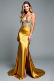 Gouden Appliques Kralen Strapless schede Prom jurk met spleet