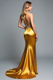 Gouden Appliques Kralen Strapless schede Prom jurk met spleet